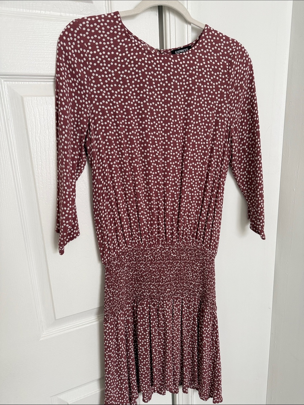 Express Mauve Polka Dot quarter Sleeve Smocked Waist Dress